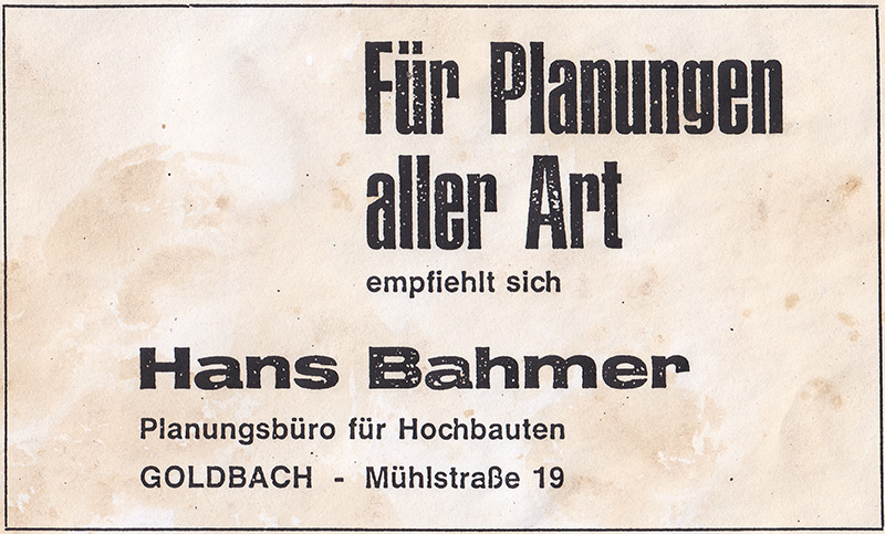 Anzeige im Goldbacher Mitteilungsblatt 1971